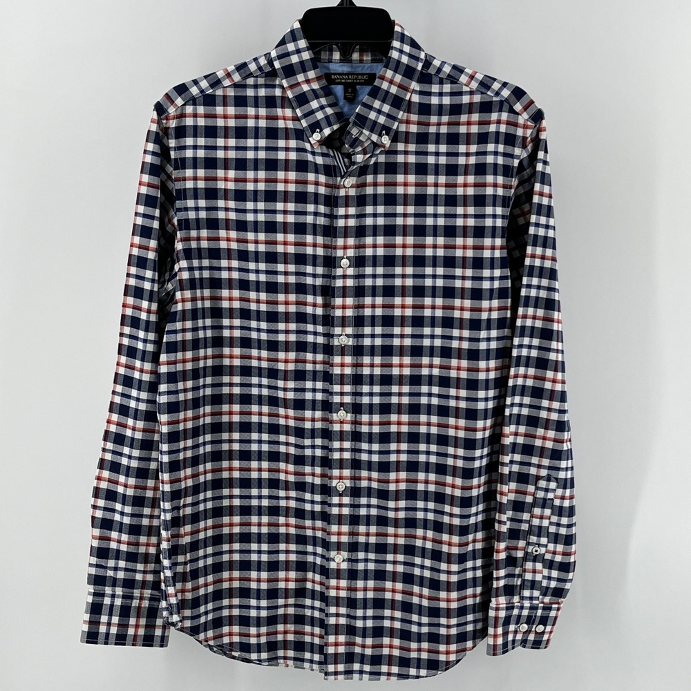 Banana Republic Oxford Shirt, Mens, S, Mythic Blue, Slim Fit Plaid 556799-00